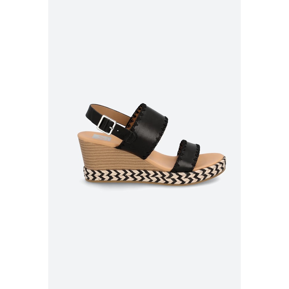 Black Leather Wedge Sandals with Espadrille Detail